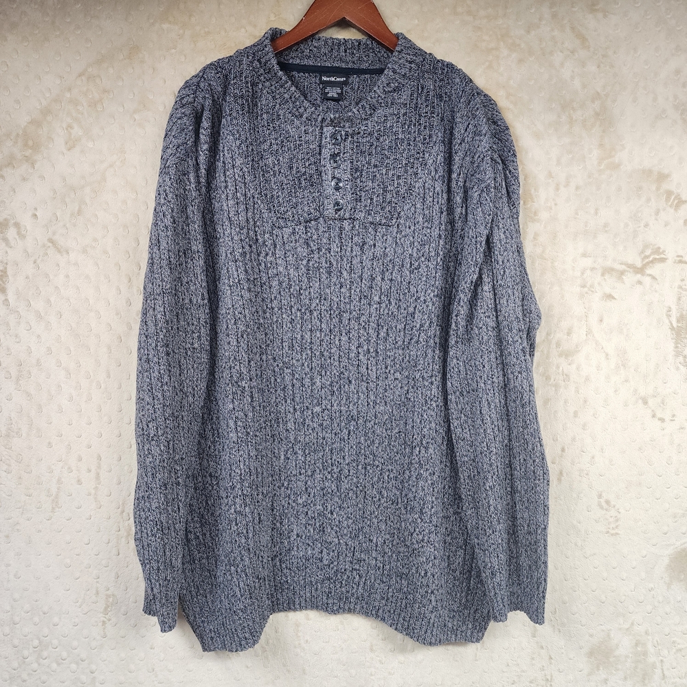 Men Big Tall Northcrest Charcoal Black Cable Knit Henley Sweater XXXL Tall 3XLT
